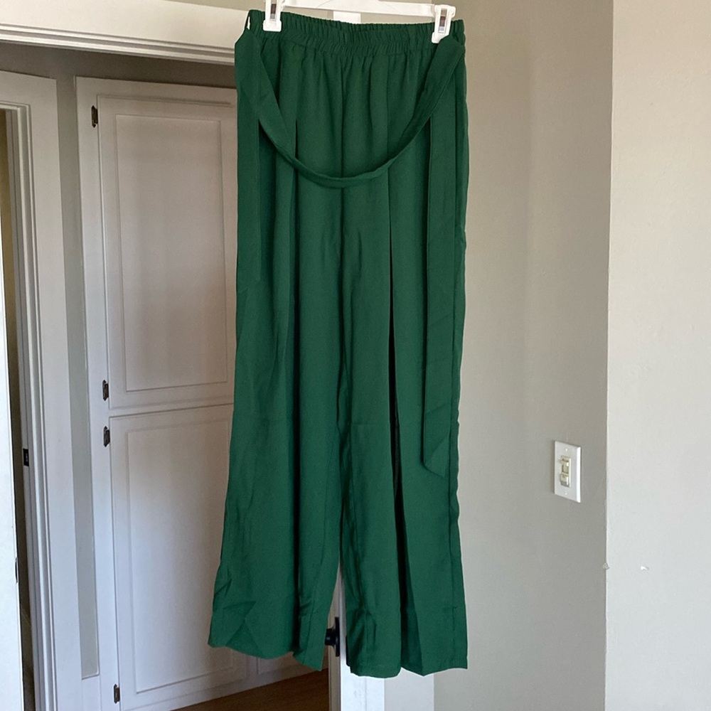 High waist double slit green pants